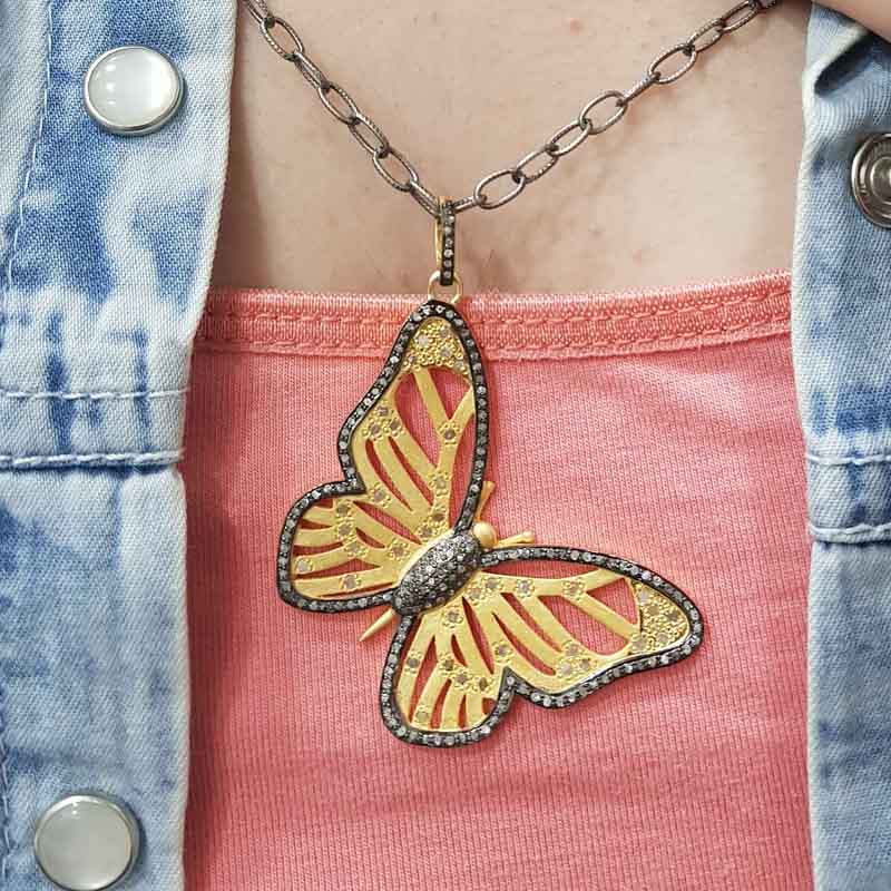 Silver And Golden Designer Pave Diamond Handmade Designer Butterfly Pendent