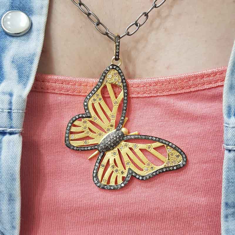 Silver And Golden Designer Pave Diamond Handmade Designer Butterfly Pendent