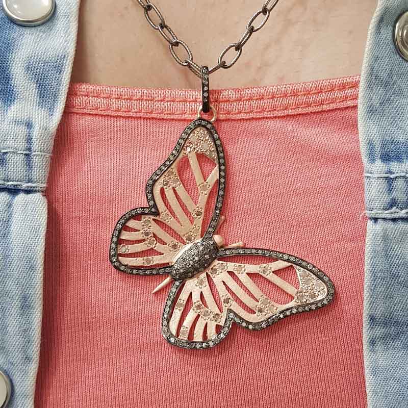 Silver And Golden Designer Pave Diamond Handmade Designer Butterfly Pendent