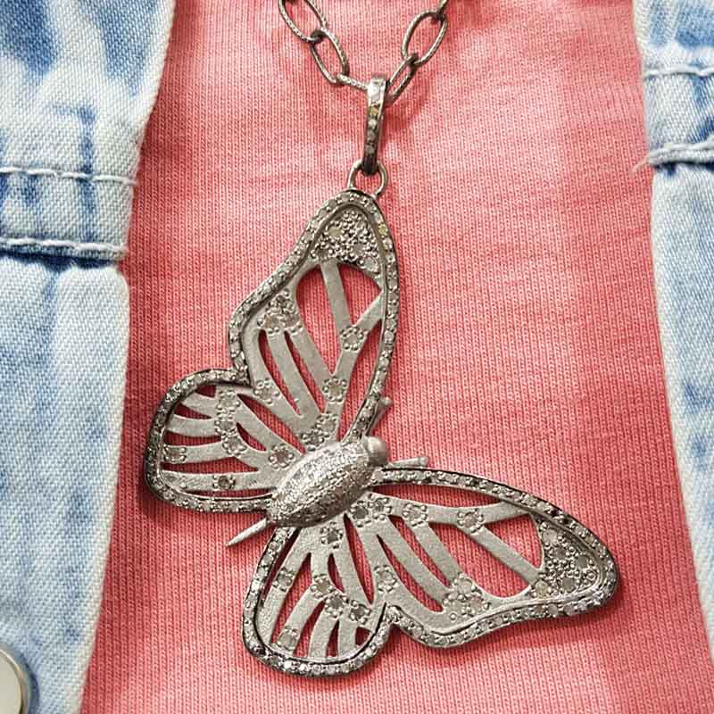 Silver And Golden Designer Pave Diamond Handmade Designer Butterfly Pendent