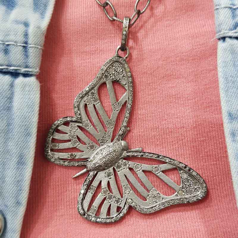 Silver And Golden Designer Pave Diamond Handmade Designer Butterfly Pendent