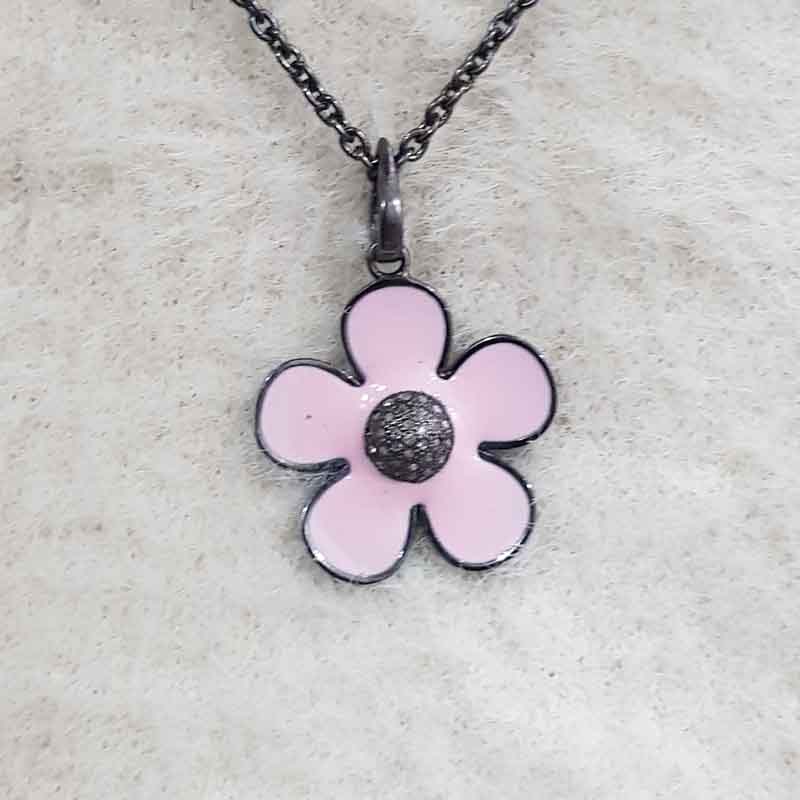 925 Sterling Silver Pink Enamel Flower Pendent