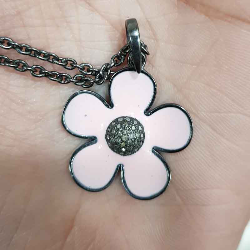 925 Sterling Silver Pink Enamel Flower Pendent