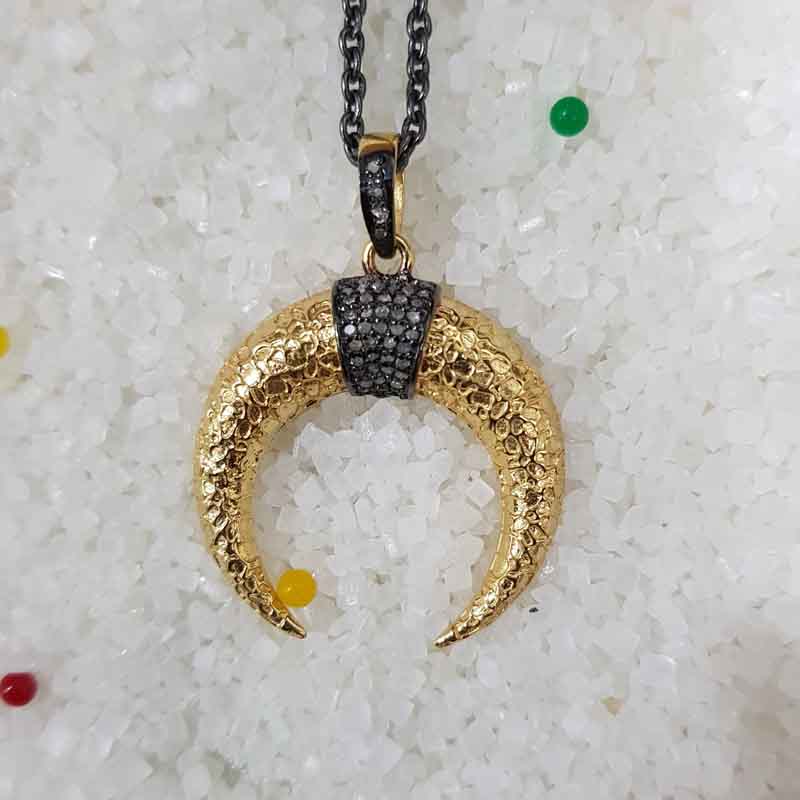 Yellow And Black Pave Diamond Moon Pendent