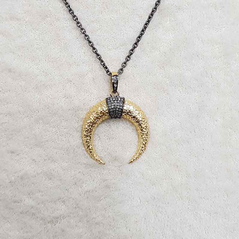 Yellow And Black Pave Diamond Moon Pendent