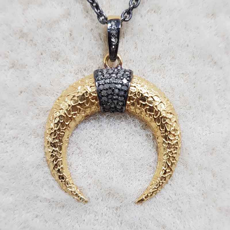 Yellow And Black Pave Diamond Moon Pendent