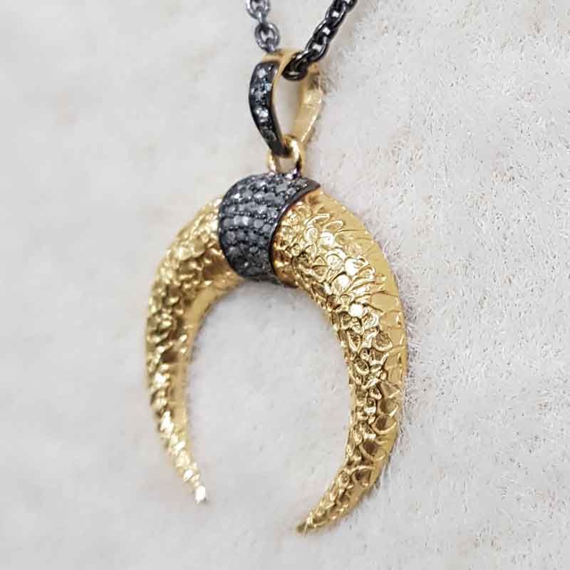 Yellow And Black Pave Diamond Moon Pendent