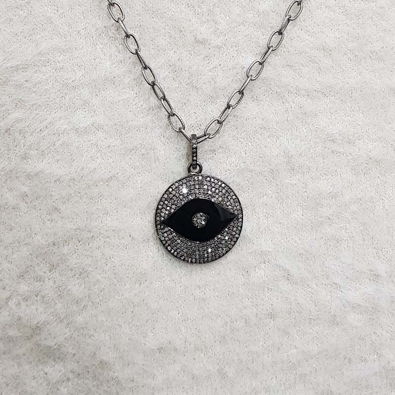 Black Enamel Evil Eye Round Pendent With Pave Diamond Layers