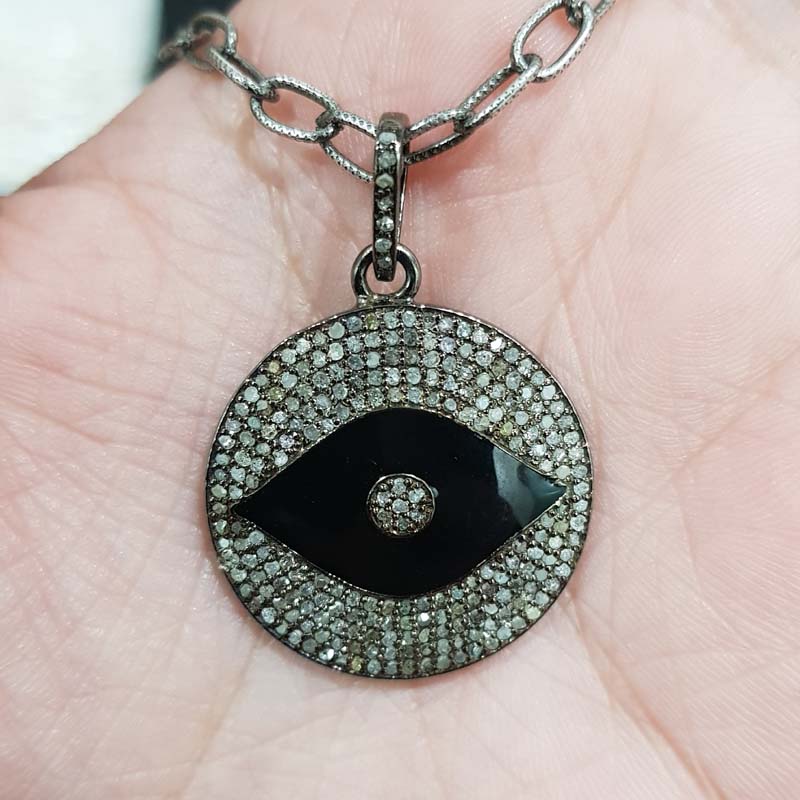 Black Enamel Evil Eye Round Pendent With Pave Diamond Layers