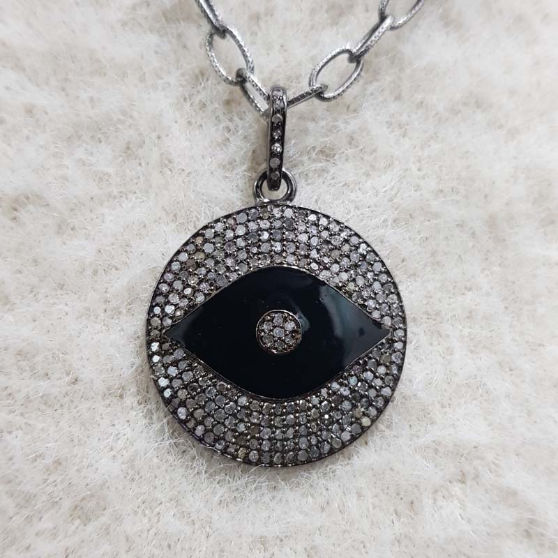 Black Enamel Evil Eye Round Pendent With Pave Diamond Layers