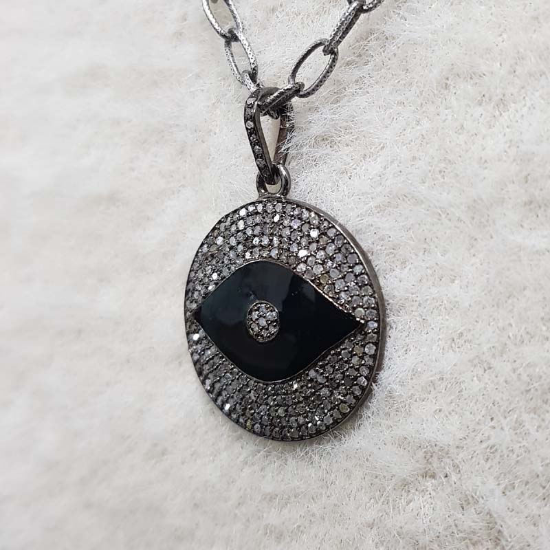 Black Enamel Evil Eye Round Pendent With Pave Diamond Layers