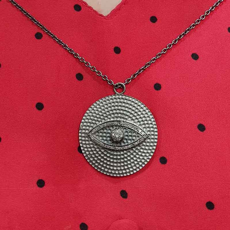 Beautifully Designed Evil Eye In Round Disk Pave Diamond Pendent