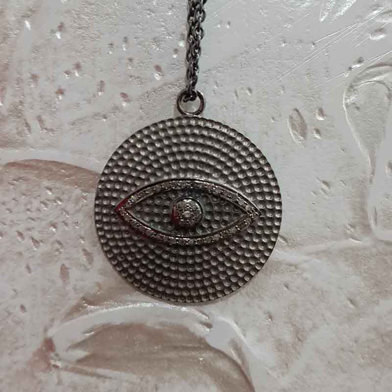 Beautifully Designed Evil Eye In Round Disk Pave Diamond Pendent