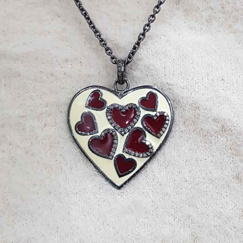 Cream & Red Enamel Heart Pendent With Pave Diamond Layers