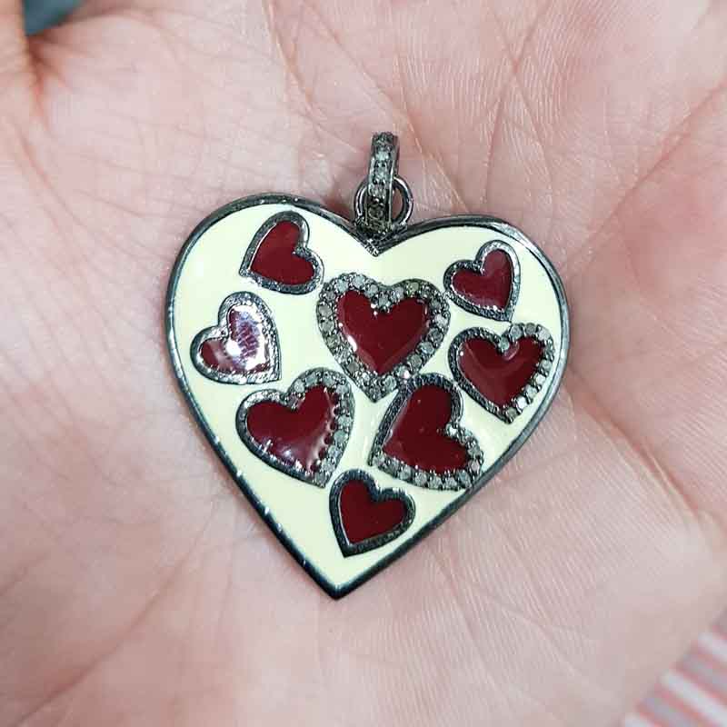 Cream & Red Enamel Heart Pendent With Pave Diamond Layers