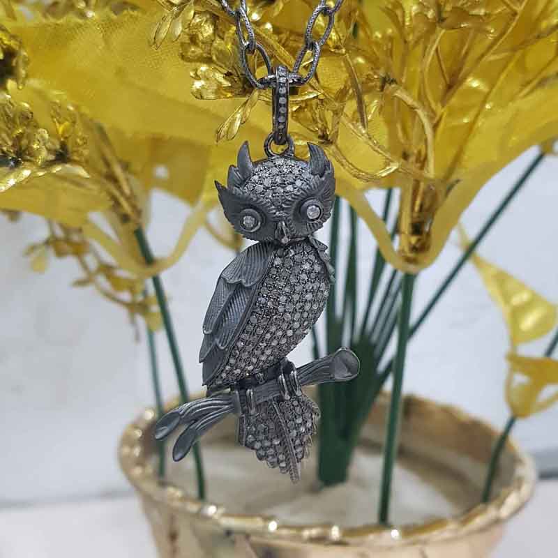 925 Sterling Silver Pave Diamond Owl Pendent