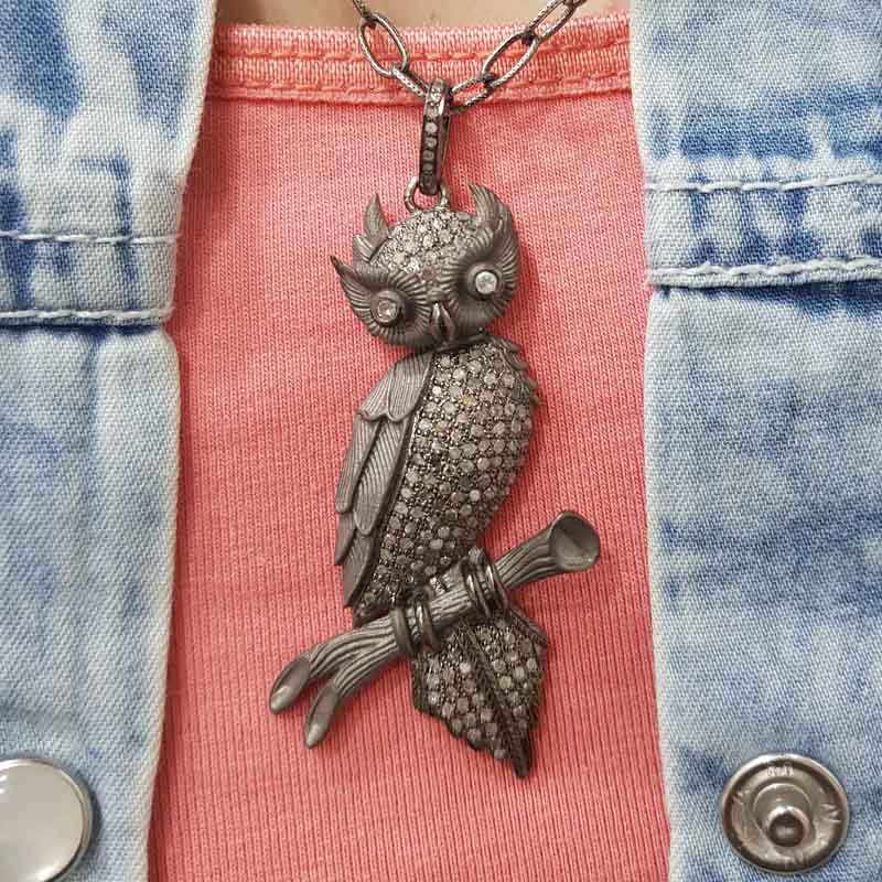 925 Sterling Silver Pave Diamond Owl Pendent