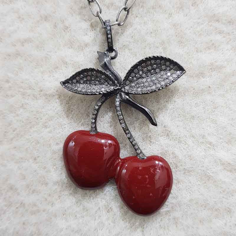 Handmade Designer Enamel Cherry Pendent With pave diamond layers