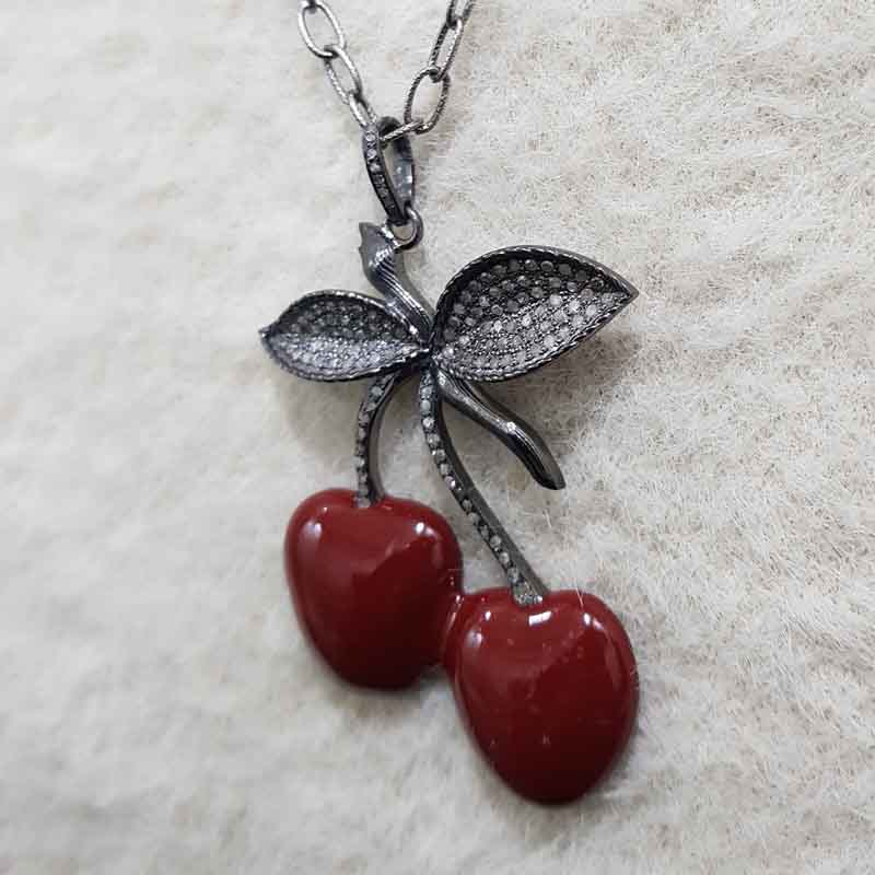 Handmade Designer Enamel Cherry Pendent With pave diamond layers