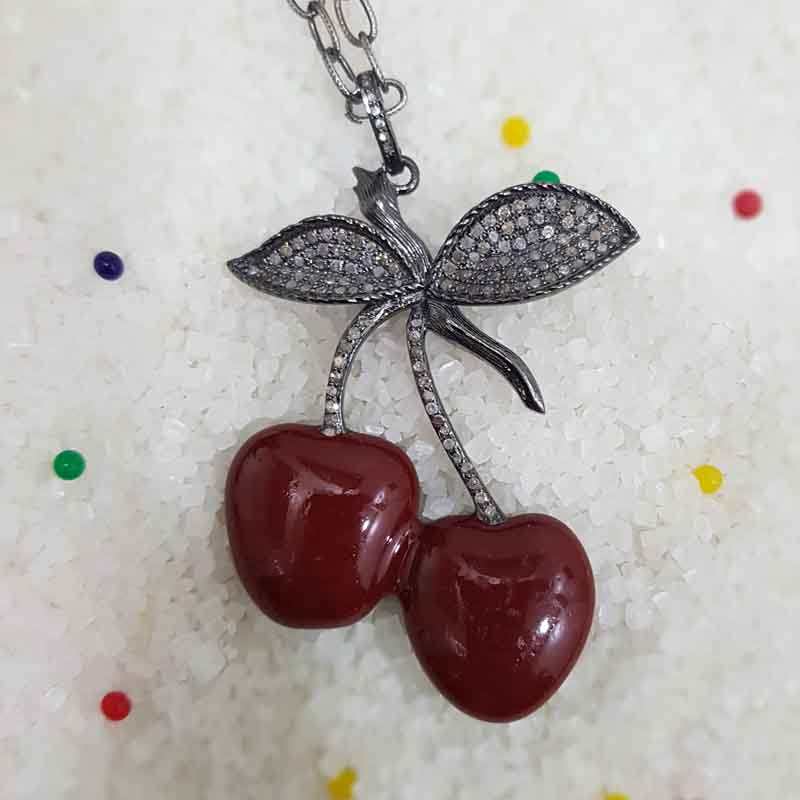 Handmade Designer Enamel Cherry Pendent With pave diamond layers