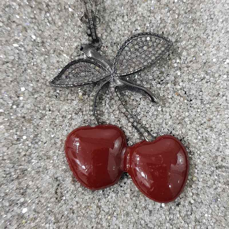 Handmade Designer Enamel Cherry Pendent With pave diamond layers