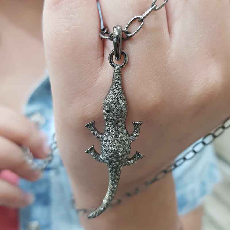 925 Sterling Silver Pave Diamond Alligator Pendent