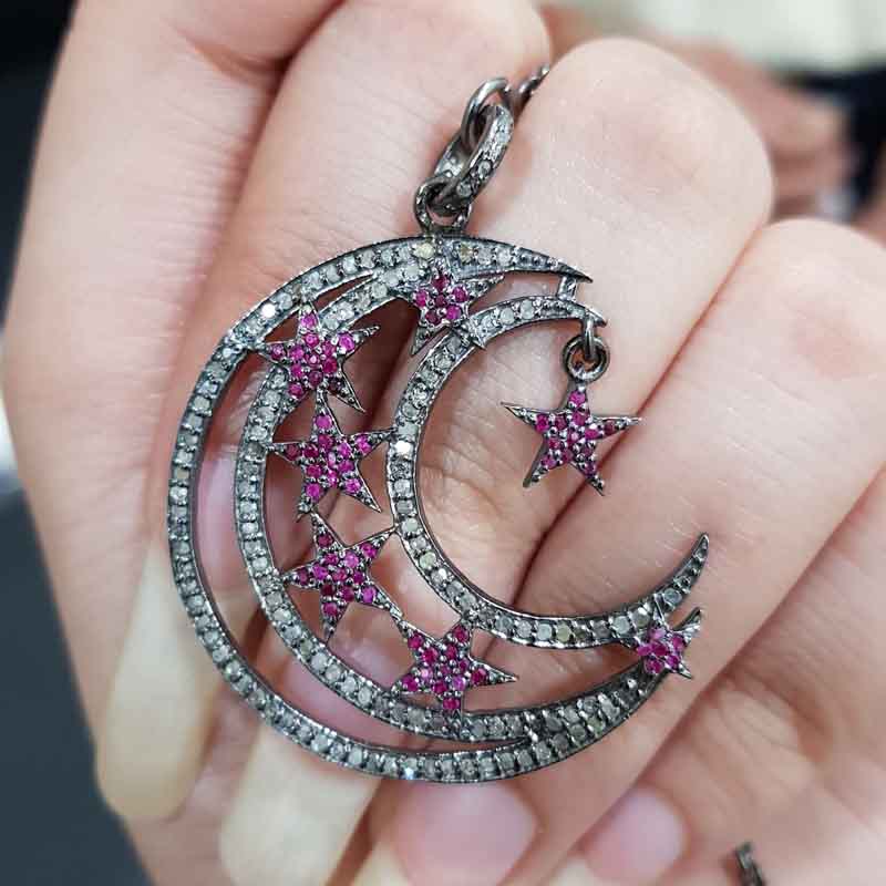 Glorious Moon Star Pendent With Pave Diamond Layers And Ruby