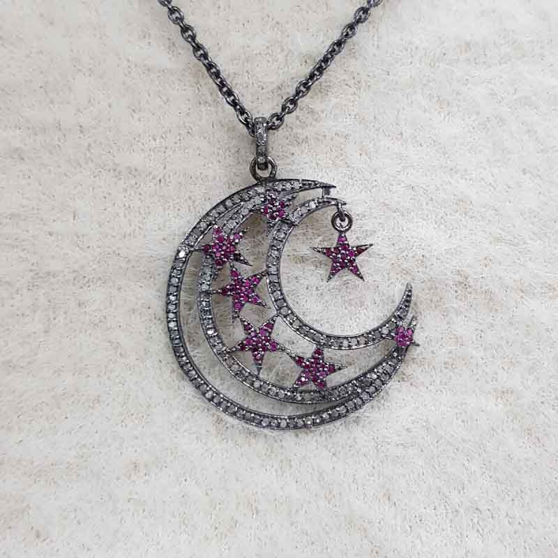 Glorious Moon Star Pendent With Pave Diamond Layers And Ruby