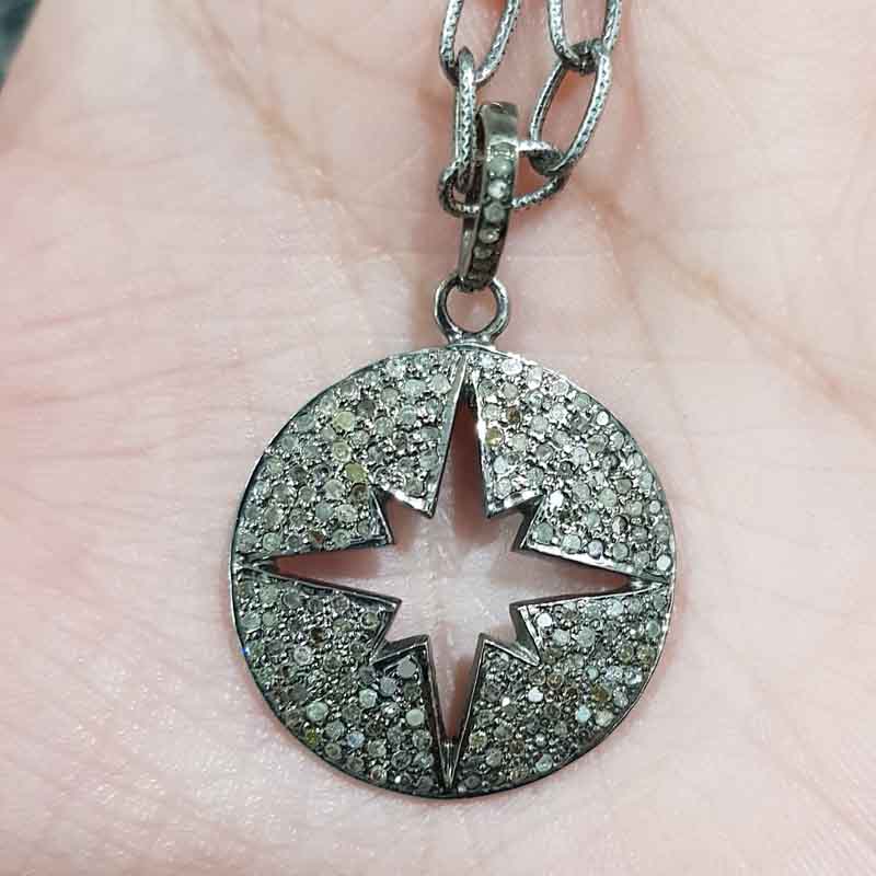 Natural pave diamond 925 Sterling Silver Starburst Pendent