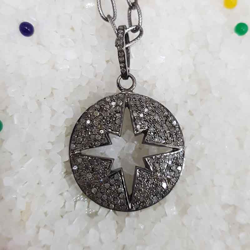 Natural pave diamond 925 Sterling Silver Starburst Pendent