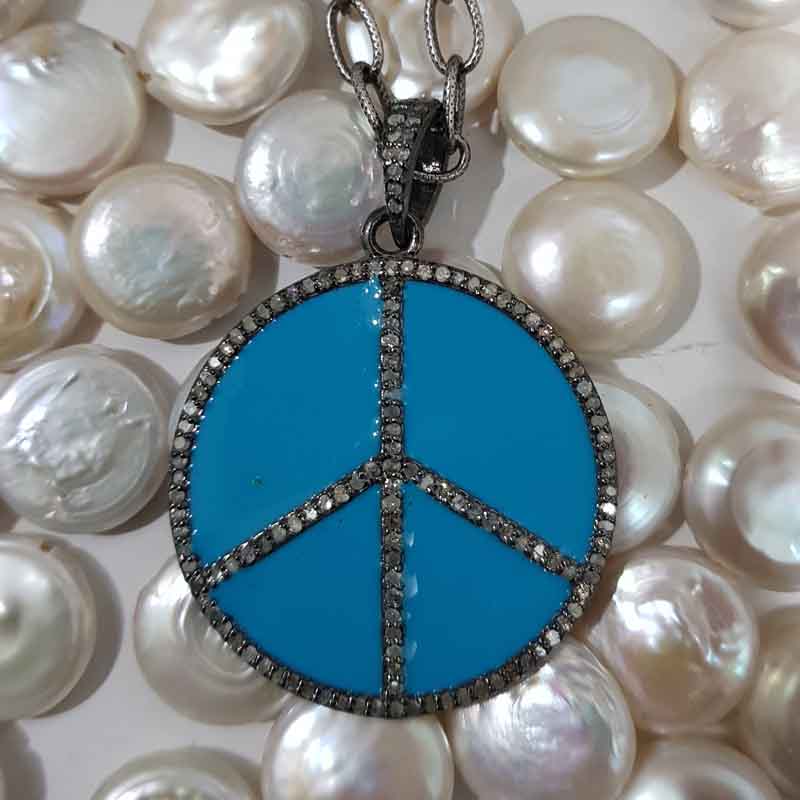 Turquoise Enamel Peace Pendent With pave Diamond Layers