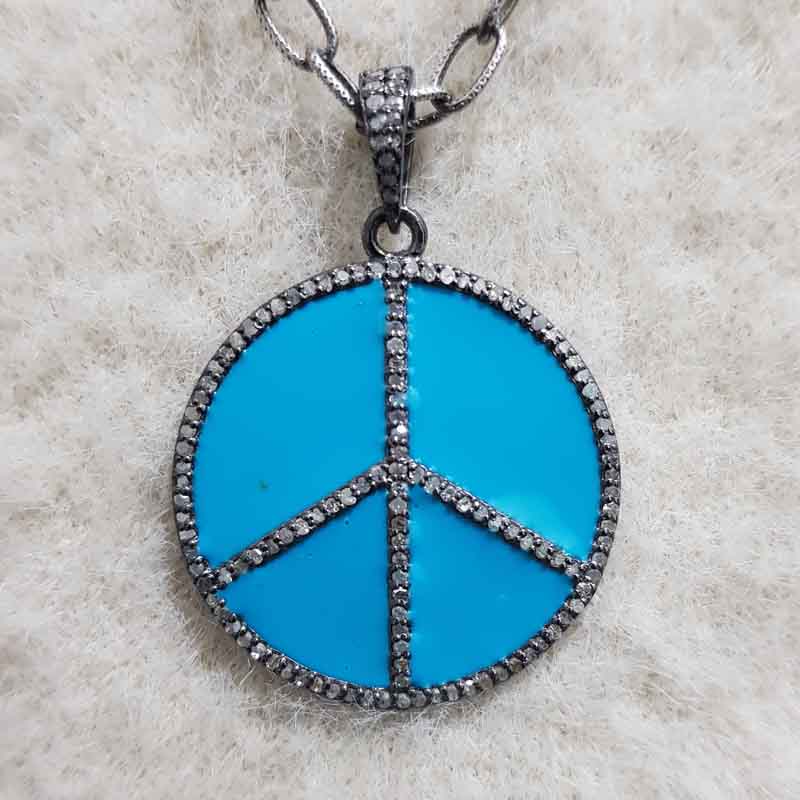 Turquoise Enamel Peace Pendent With pave Diamond Layers