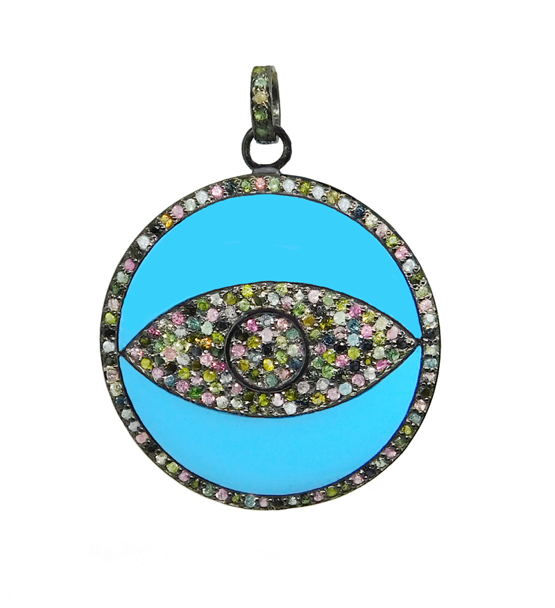 Turquoise Enamel Evil Eye Designer Pave Diamond Pendant