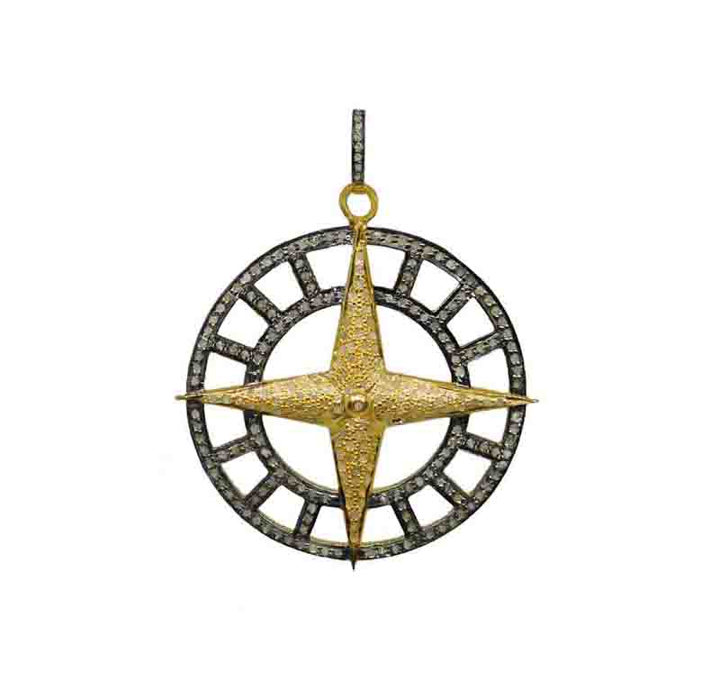 Beautiful Two Tone Compass Pendant With Pave Diamonds