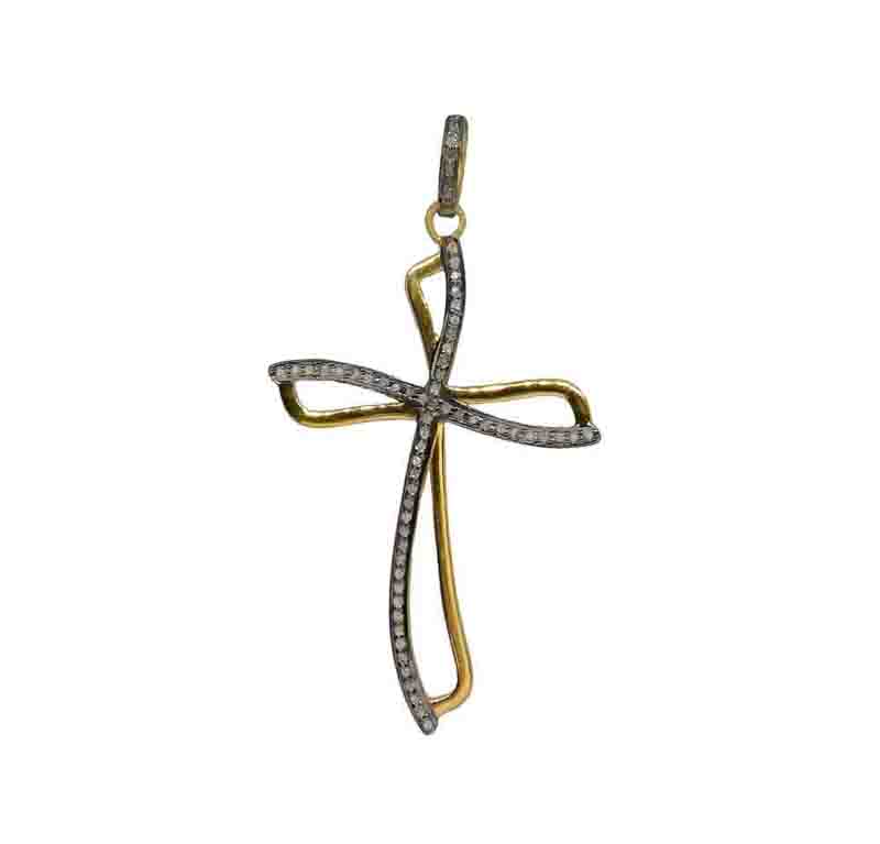 Two Tone Fancy 925 Sterling Silver Pave Diamond Cross pendant