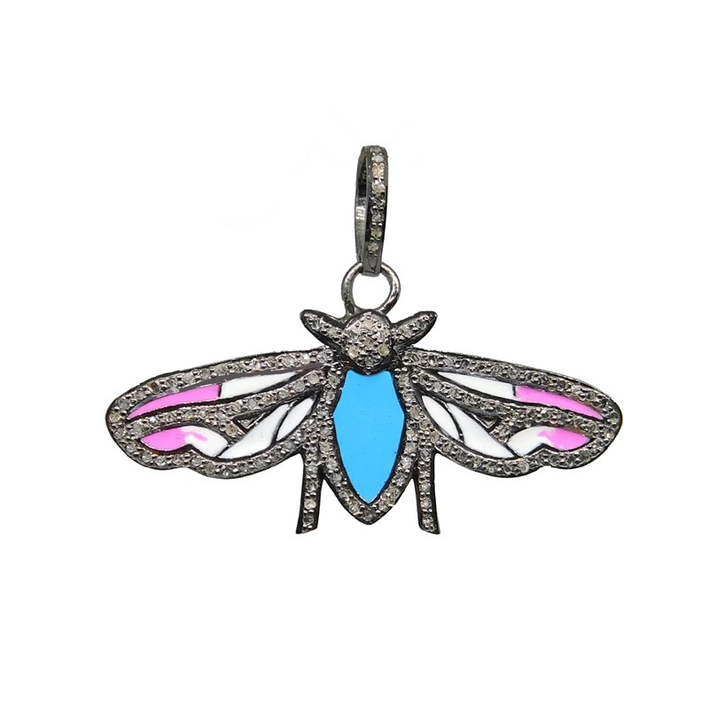 Turquoise And Pink Enamel Gorgeous Bee Pendant With Pave Layers