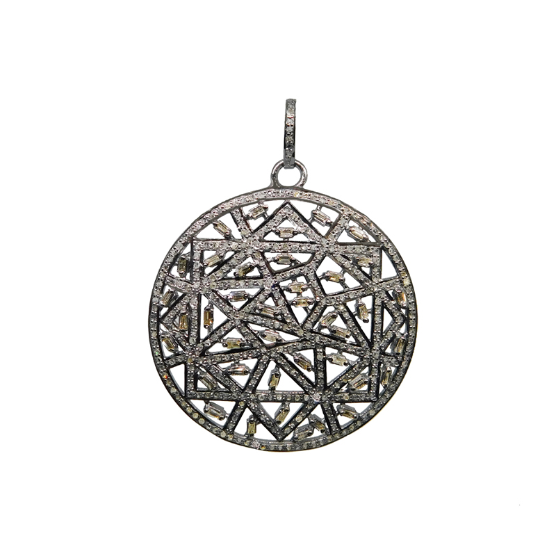 Baguette & Pave Diamond Designer Round Pendant