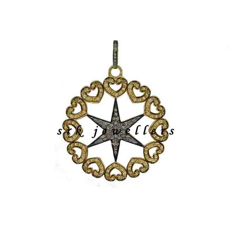 Heart Star Designer Pave Diamond Silver Pendant