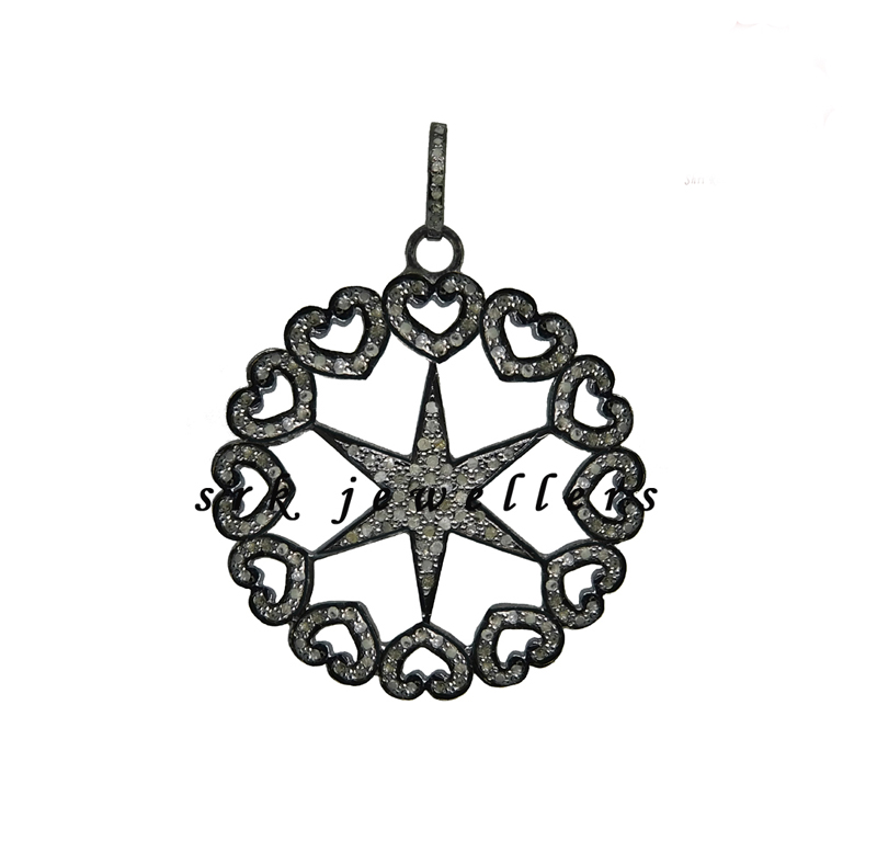 Heart Star Designer Pave Diamond Silver Pendant