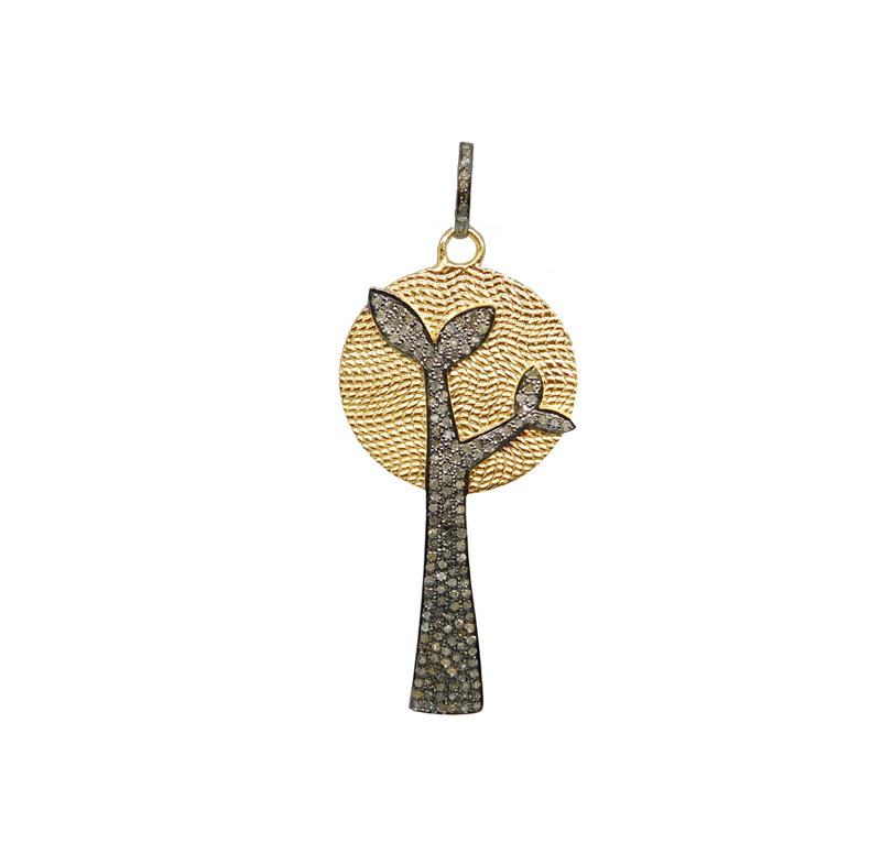 Two Tone Fancy 925 Sterling Silver Pave Diamond Tree Pendant