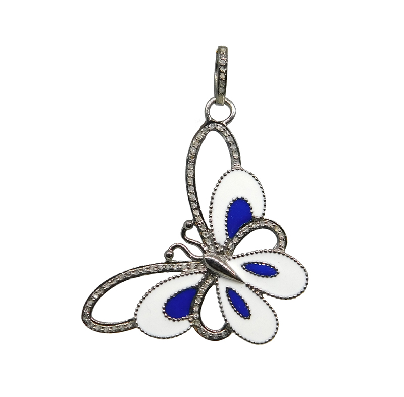 Blue And White Enamel Butterfly Pendant With Pave Layer