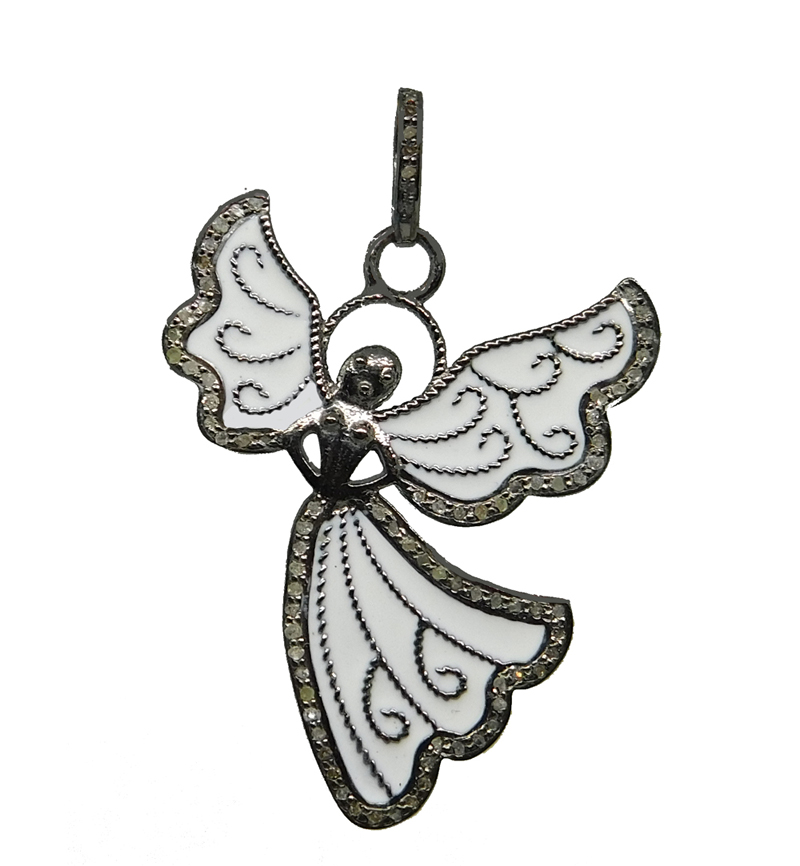 Angel Pendant With White Beautiful Enamel and Pave Layers