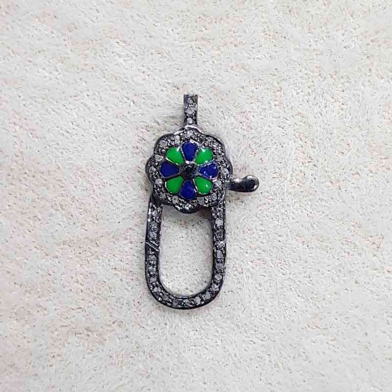 Beautifully Designed Pave Diamond Flower Style Spring Lock With Multi Color Enamel