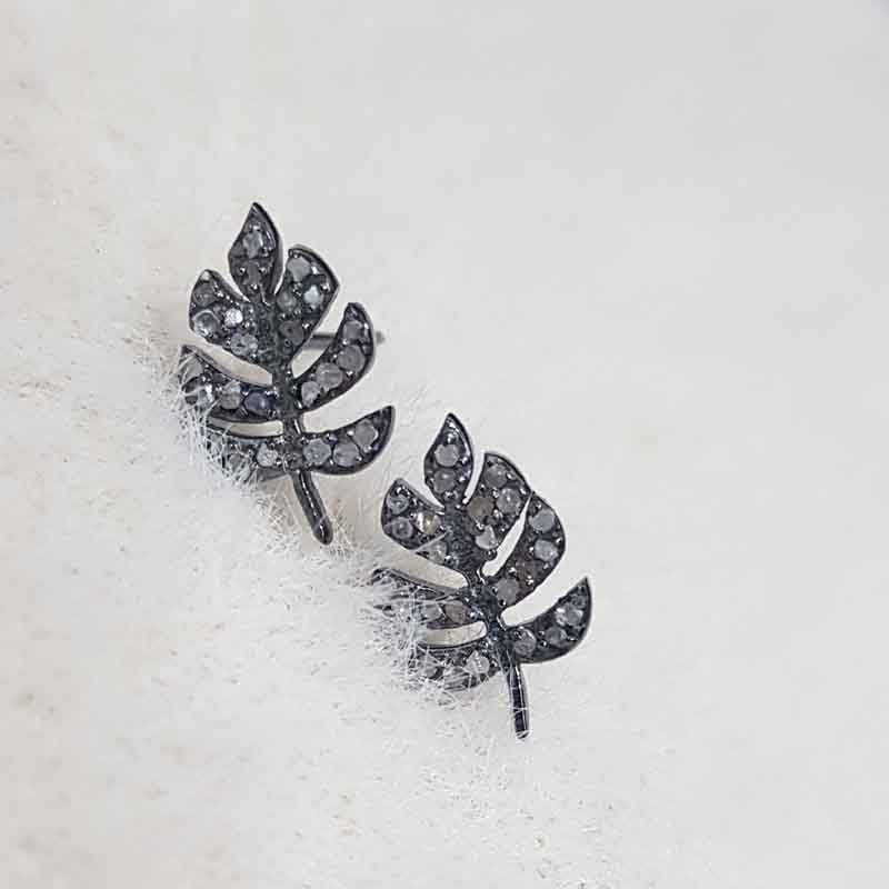 Stylish Leaf Style Pave Diamond Silver Stud