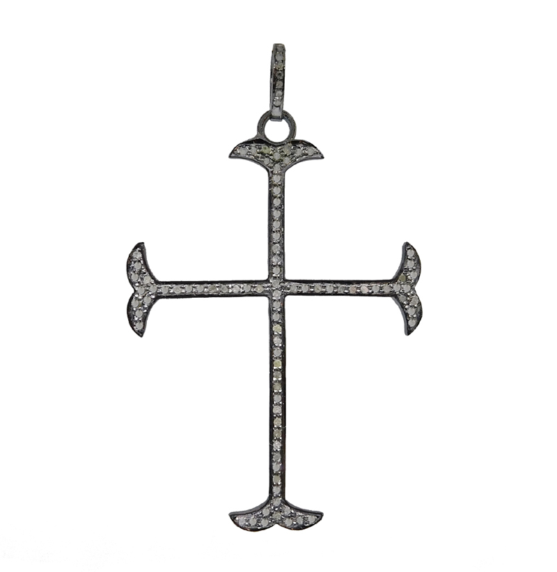 925 Solid Sterling Silver Natural Pave Diamond Handmade Cross Pendant