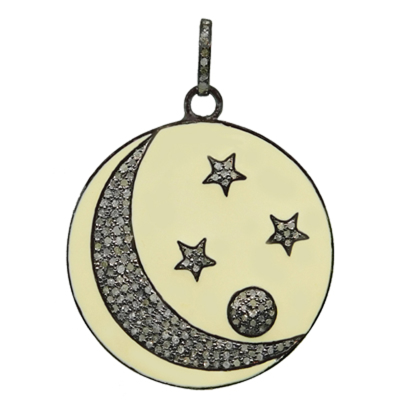 Round Enamel Pave Diamond Moon Stars Pendant