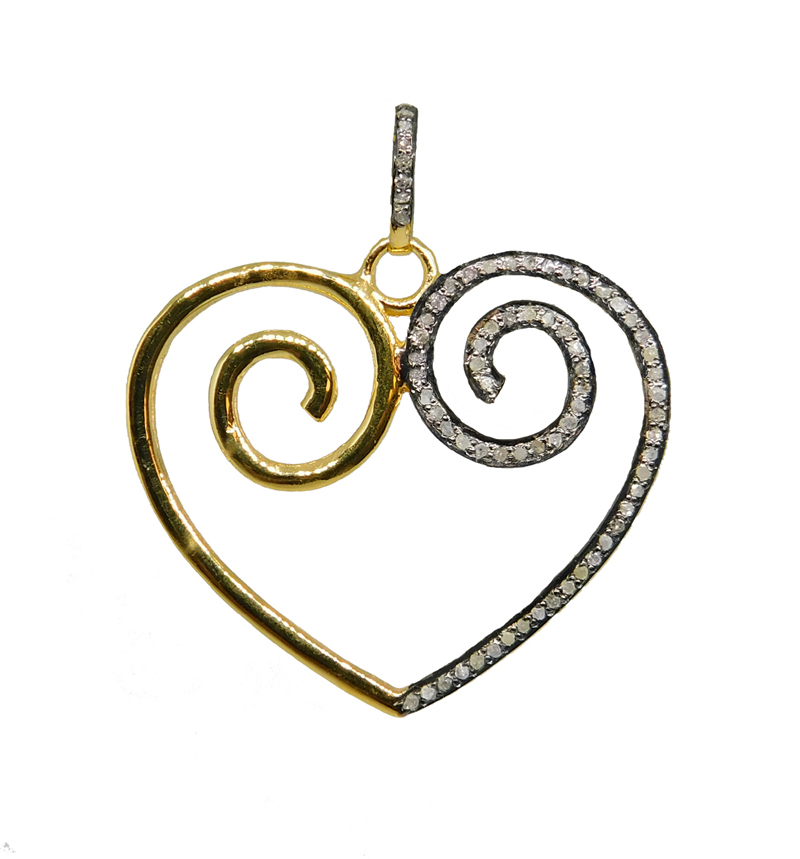 Two Tone Fancy Designer 925 Sterling Silver Pave Diamond Heart Pendant