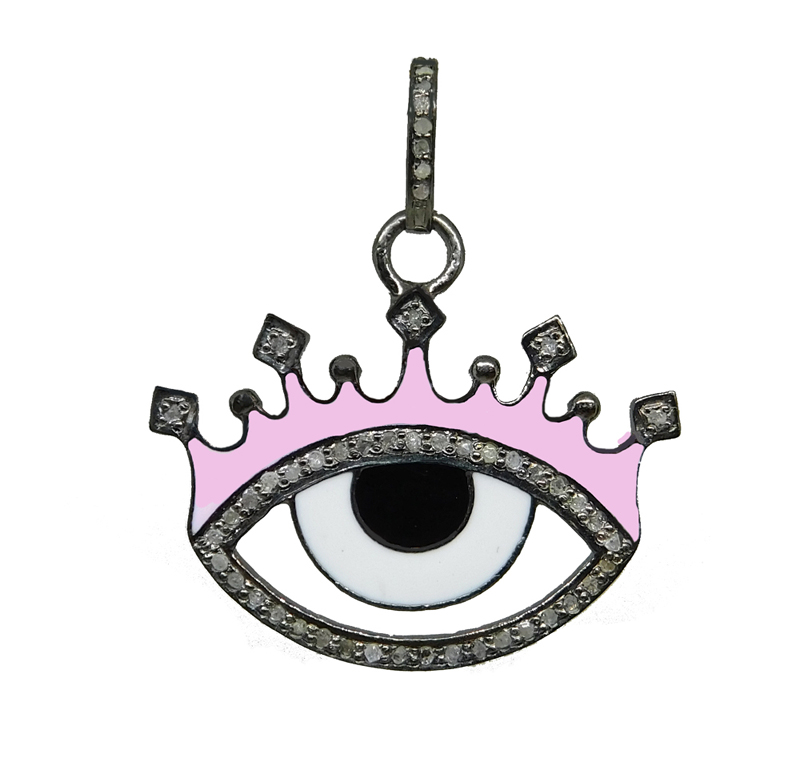 Beautiful Evil Eye Pendant Pink White And Black Enamel With Pave Layer