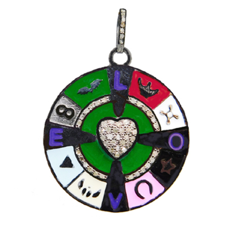 Multi Color Enamel Fancy Designer Handmade Round Disk Diamond Heart With Love Pendant