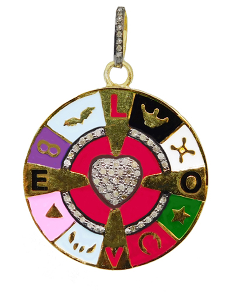 Multi Color Enamel Fancy Designer Handmade Round Disk Diamond Heart With Love Pendant